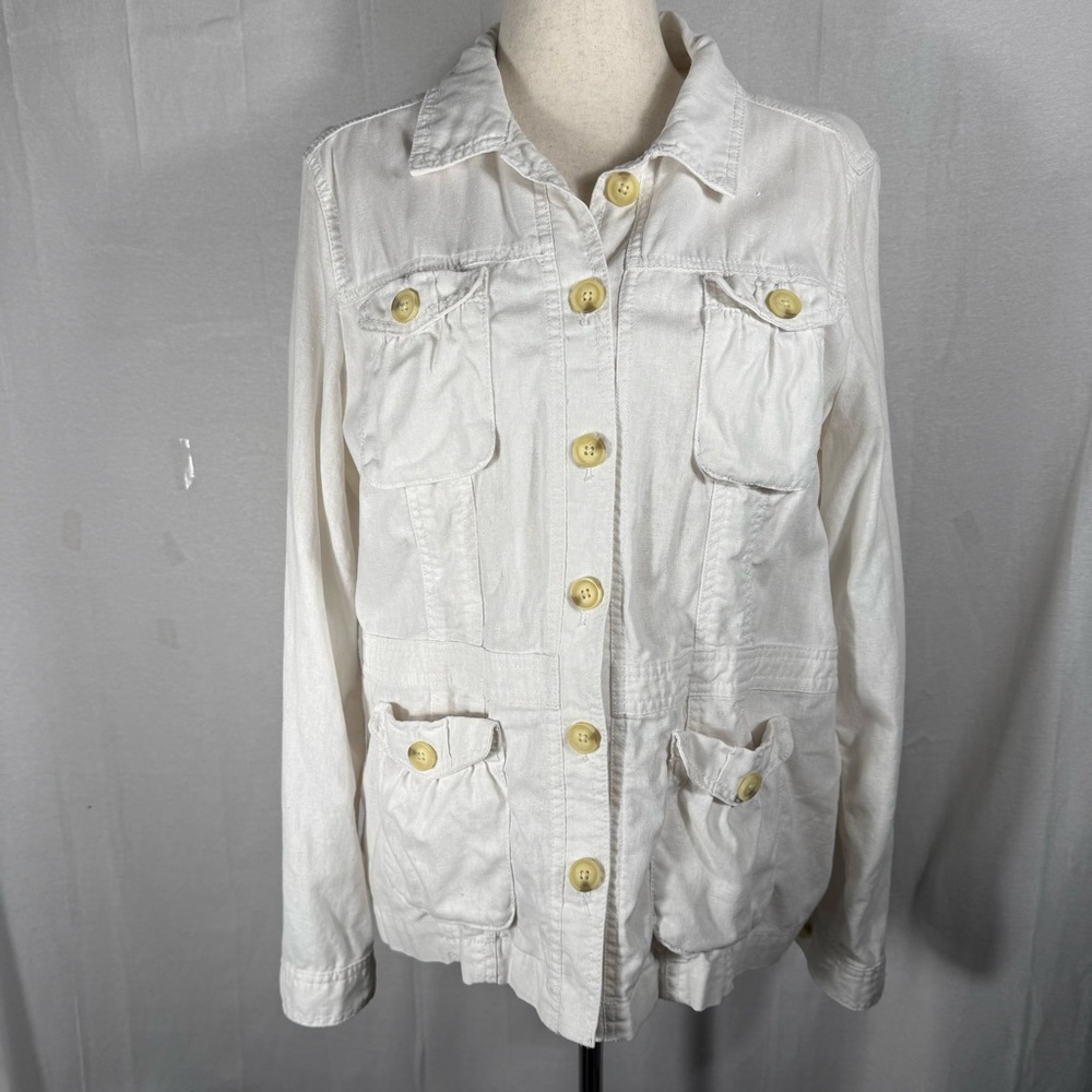 Gap Yves Linen‎ Cargo Utility Jacket Women Size XL Optic White Button Closure